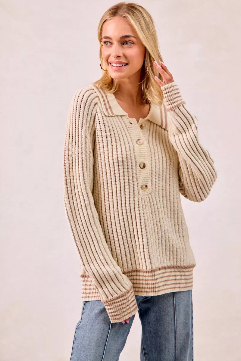 Half Button Ribbed Two Tone Sweater