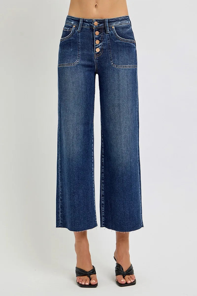 High Rise Wide Button Up Crop Jeans