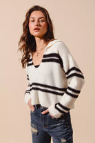 Fuzzy Stripe Deep U-Neck Sweater