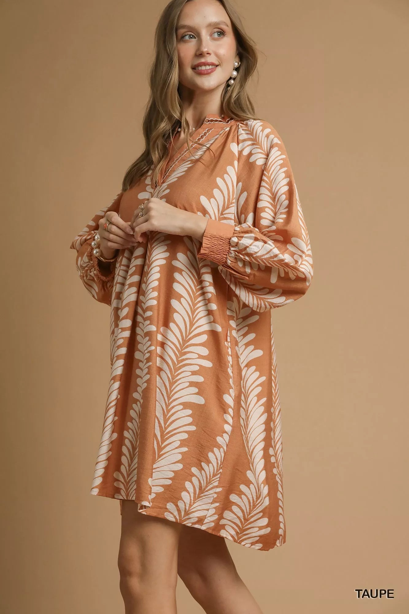 Leaf Print Notched Mini Babydoll Dress