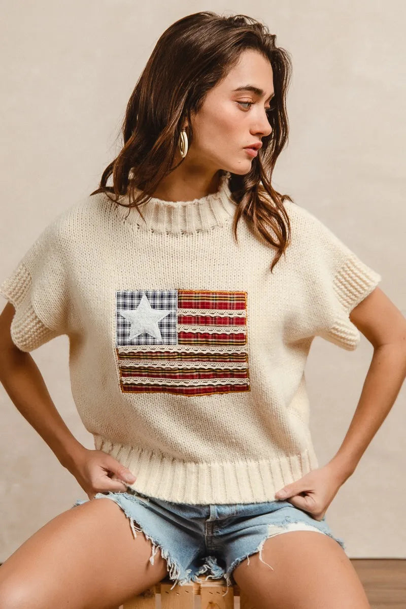 BiBi American Flag Patchwork Drop Shoulder Sweater