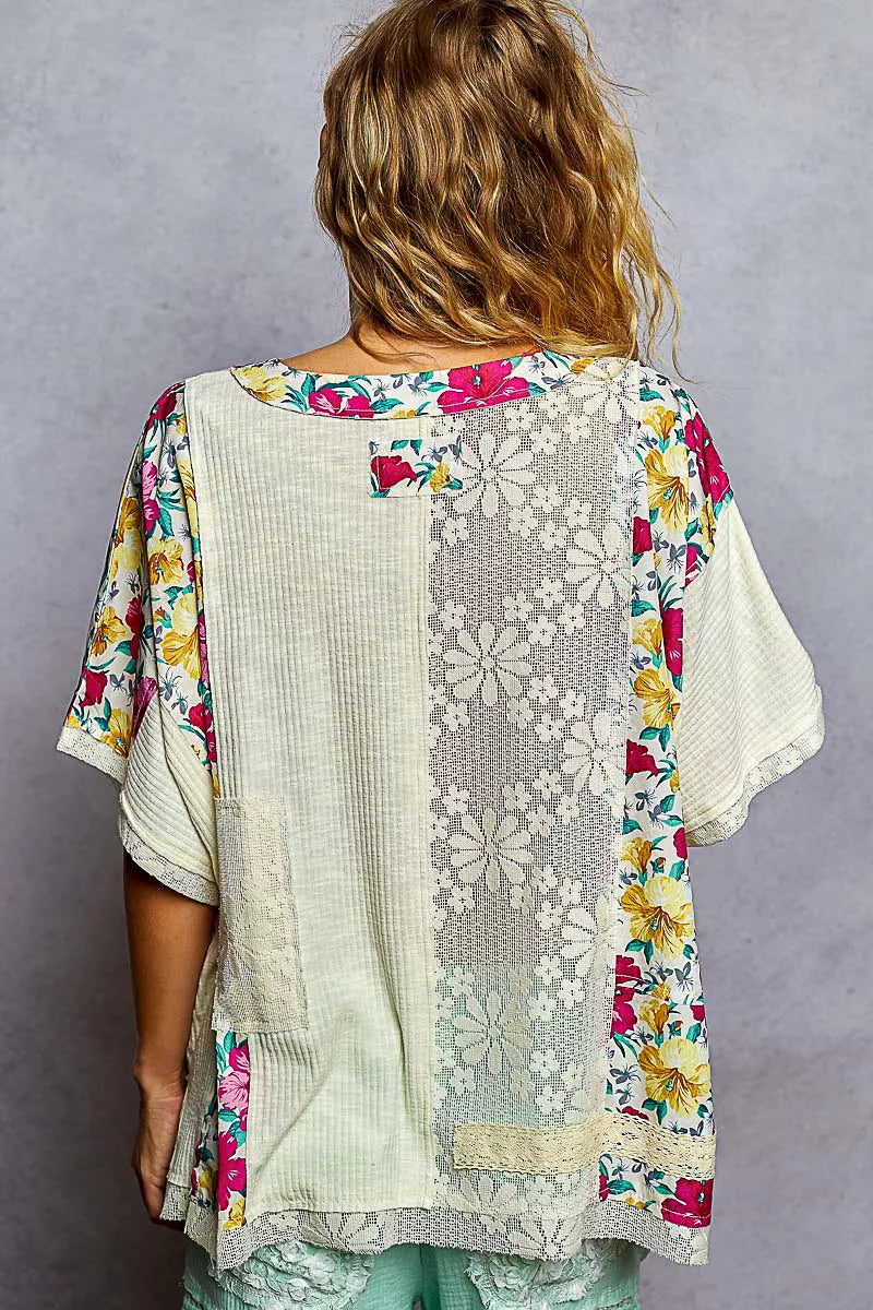 Lace Floral Pattern Top with Patch Detail