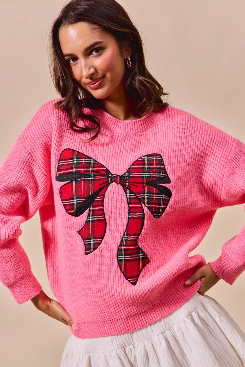 Plaid Ribbon Christmas Sweater