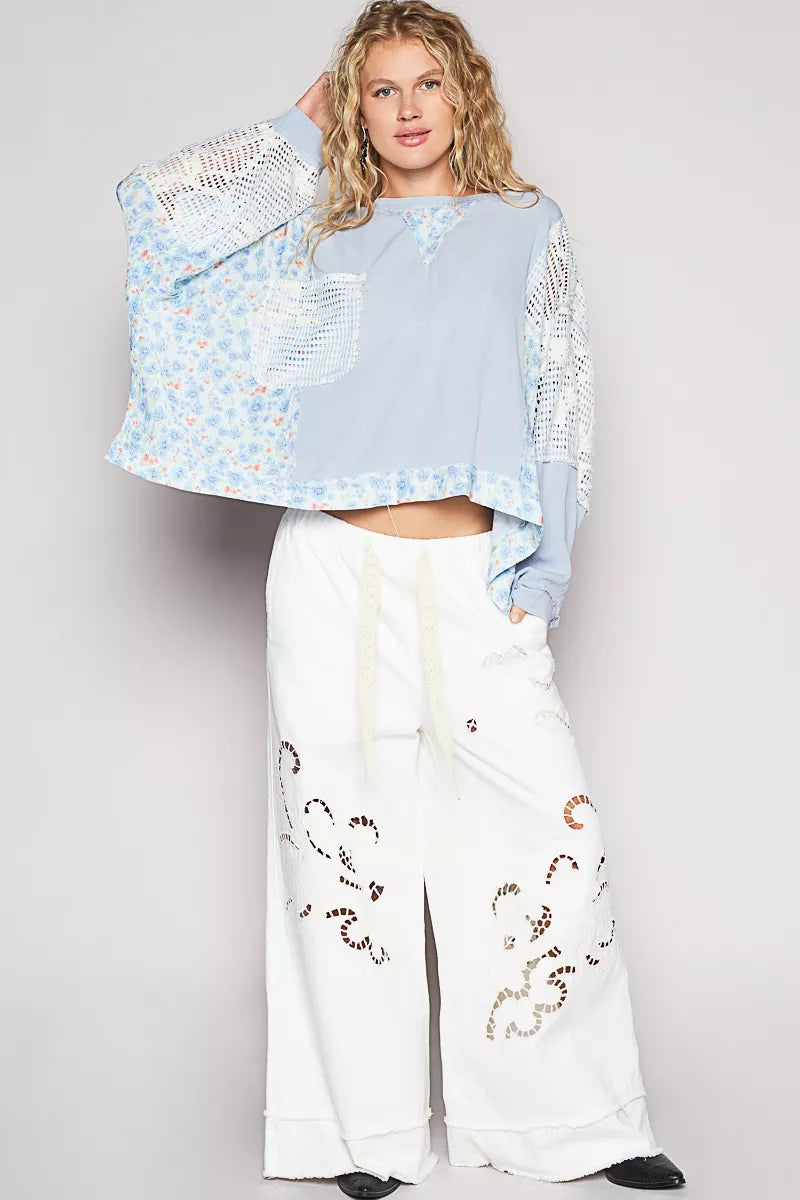 Cropped Gauze Floral Pattern Top