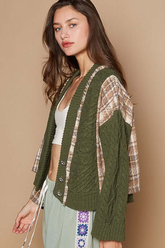 Cable-Knit Plaid Button Up Cardigan