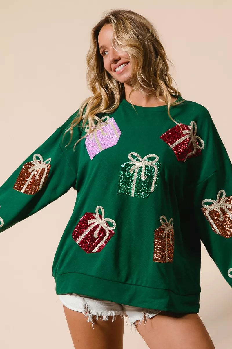 Sequin Christmas Gift Box Sweater
