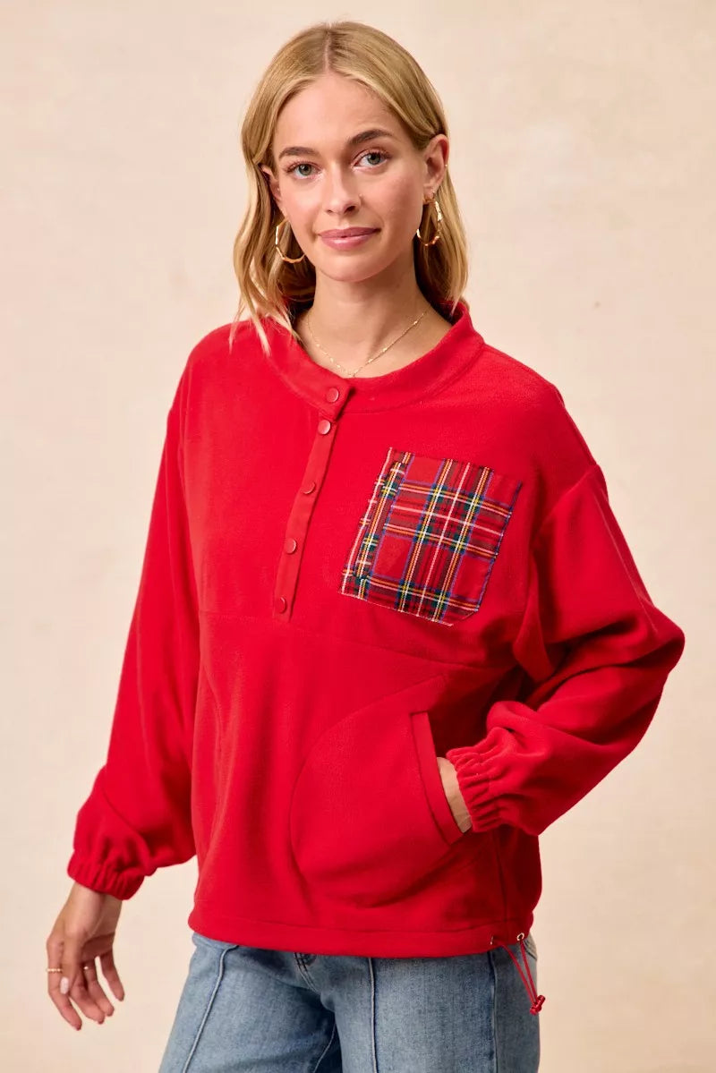 Christmas Theme Fleece Buttoned Top with Pockets