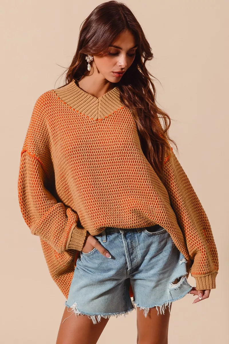 SO ME Oversized Two Tone Textured V Neck Sweater
