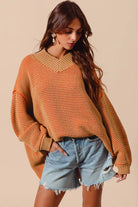 SO ME Oversized Two Tone Textured V Neck Sweater
