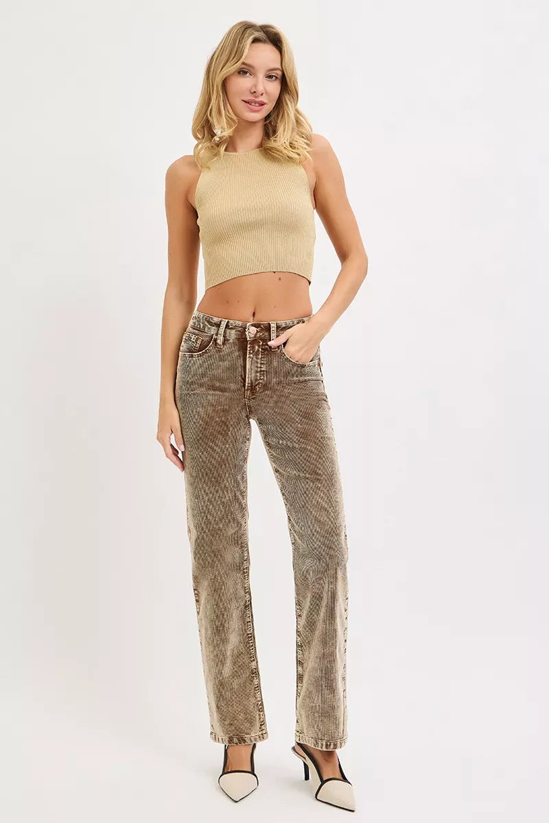 Tummy Control Mid Rise Straight Leg Corduroy Pants