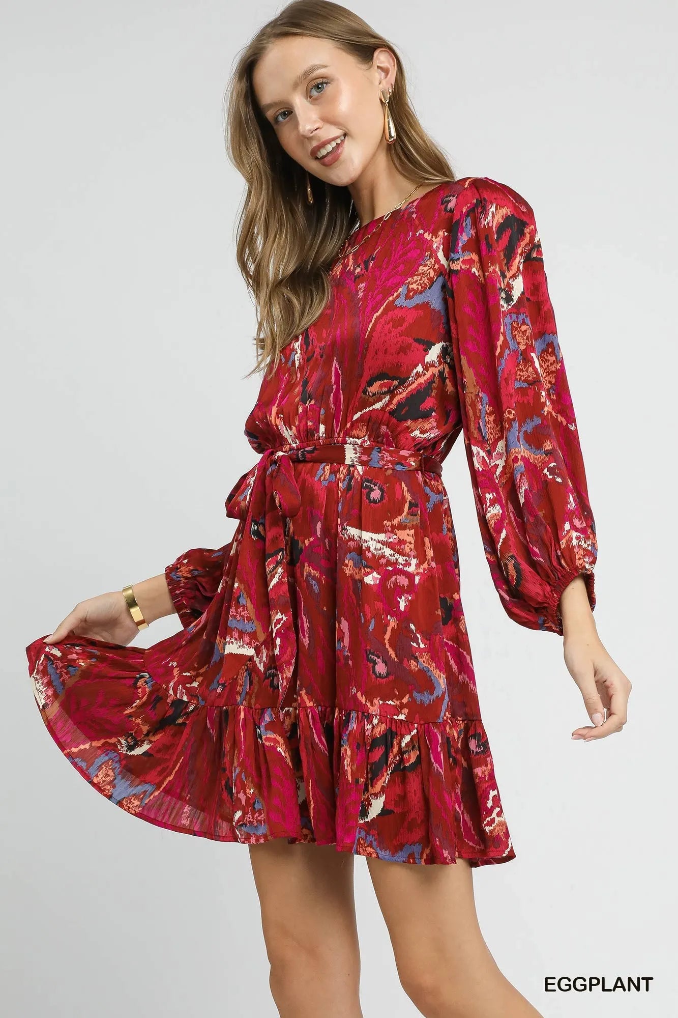 Ruffled Hem Printed Balloon Sleeve Dress