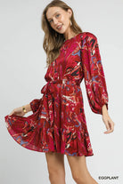 Ruffled Hem Printed Balloon Sleeve Dress