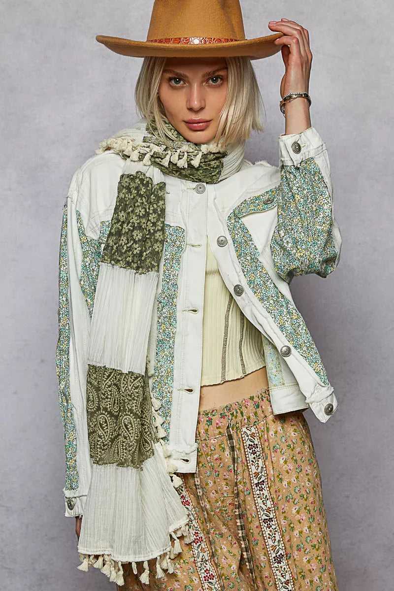 POL Button Down Patchwork Denim Jacket with Floral Print Details