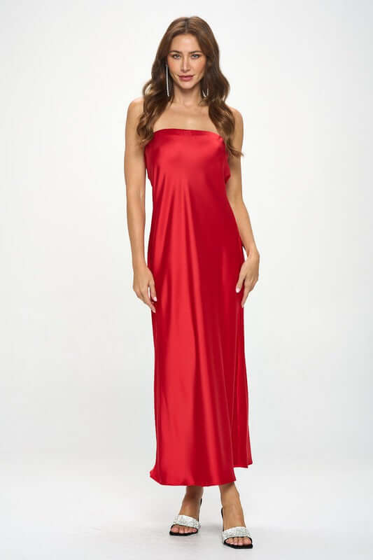 Red silky satin tube maxi dress, sleeveless and draped, perfect for formal or casual wear, made in USA.