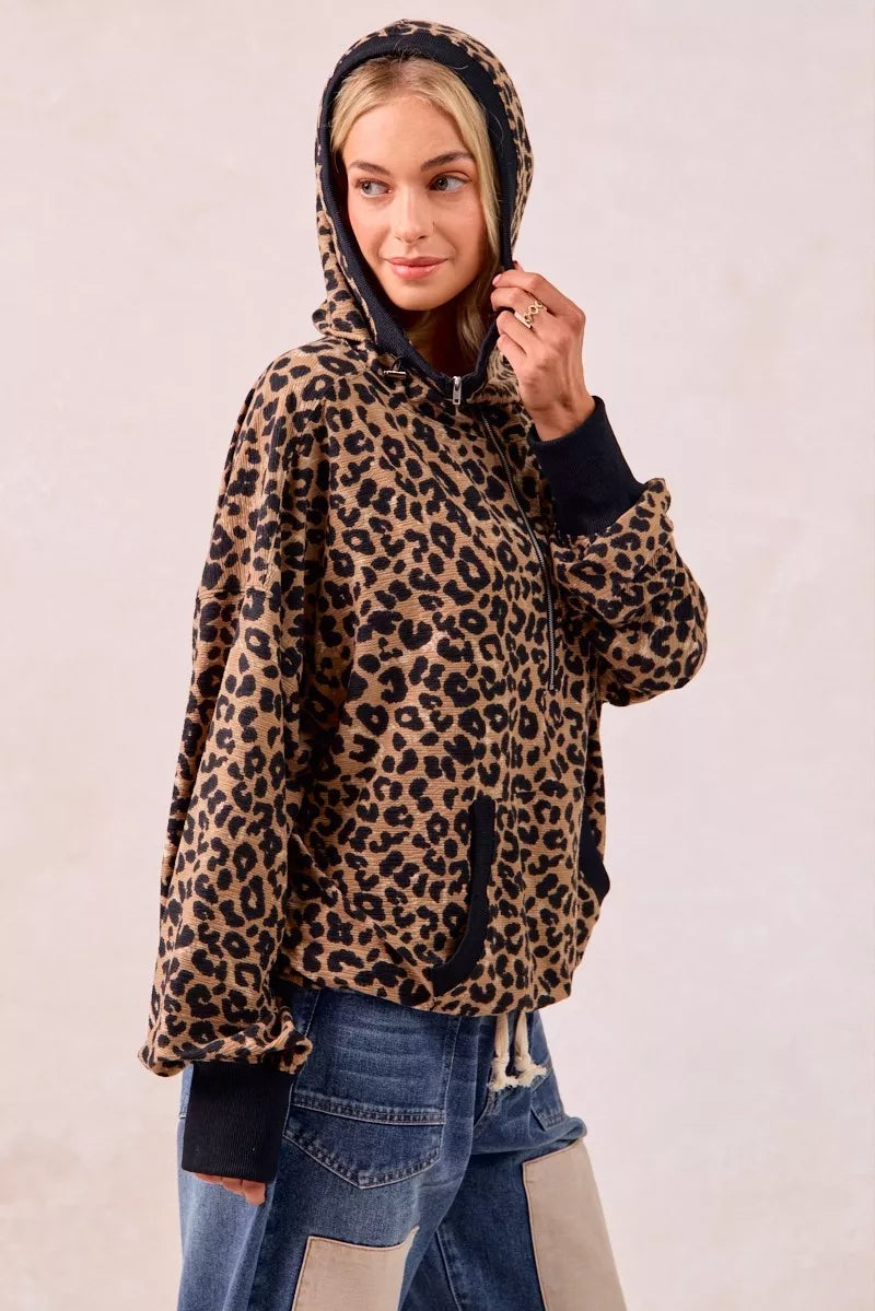 BiBi Leopard Print Waffle Half Zip Up Hoodie W Pocket