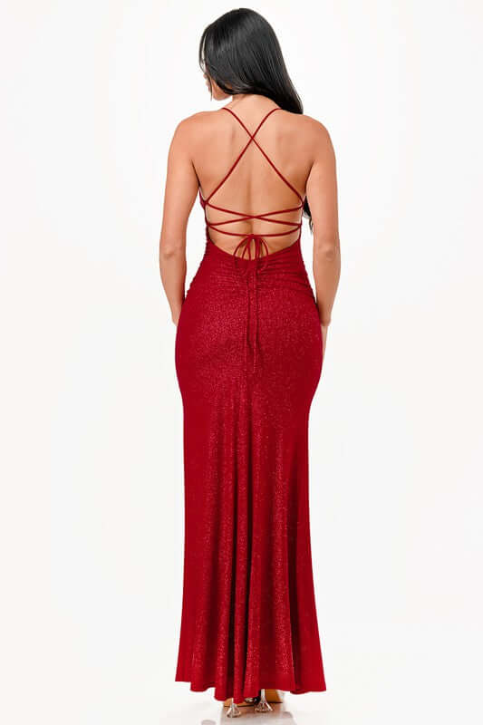 Glitter Back Lace-Up Mermaid Dress with Open Slit