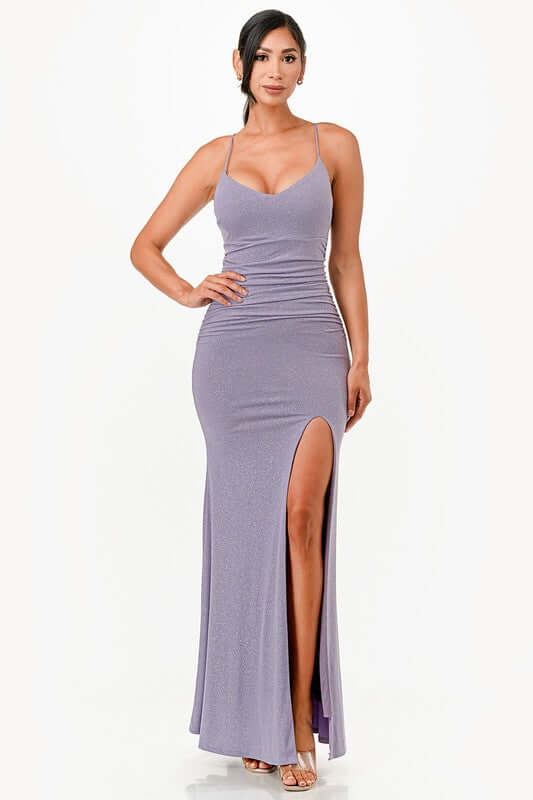 Glitter Back Lace-Up Mermaid Dress with Open Slit