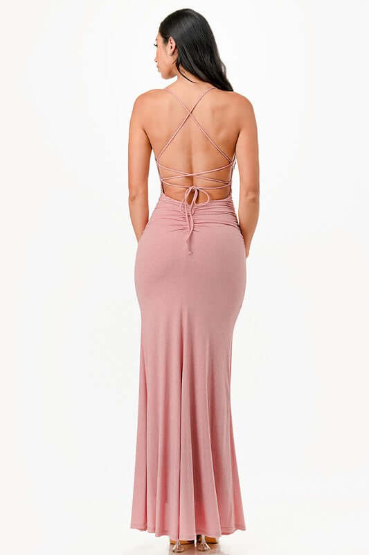 Glitter Back Lace-Up Mermaid Dress with Open Slit