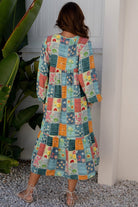 Floral Patchwork Long Sleeve Ruffle Hem Midi Dress