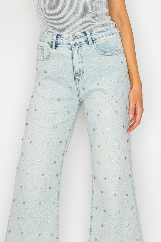 Jewel Embellished High Rise Cropped Palazzo Jeans