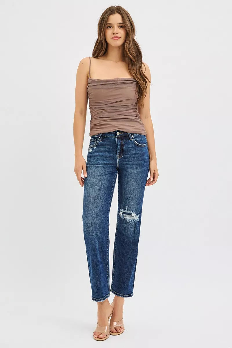 High Rise Crop Slim Straight Jeans with Hidden Knee Patch