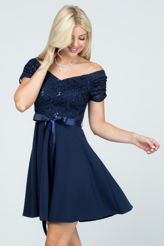 Ruched Off The Shoulder Lace Fit And Flare Dress