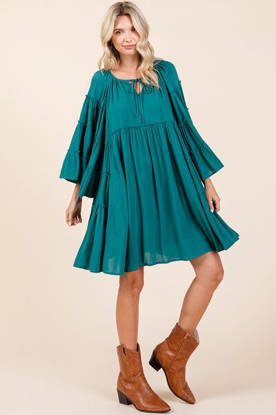 Frill Tie Neck Bell Sleeve Dress