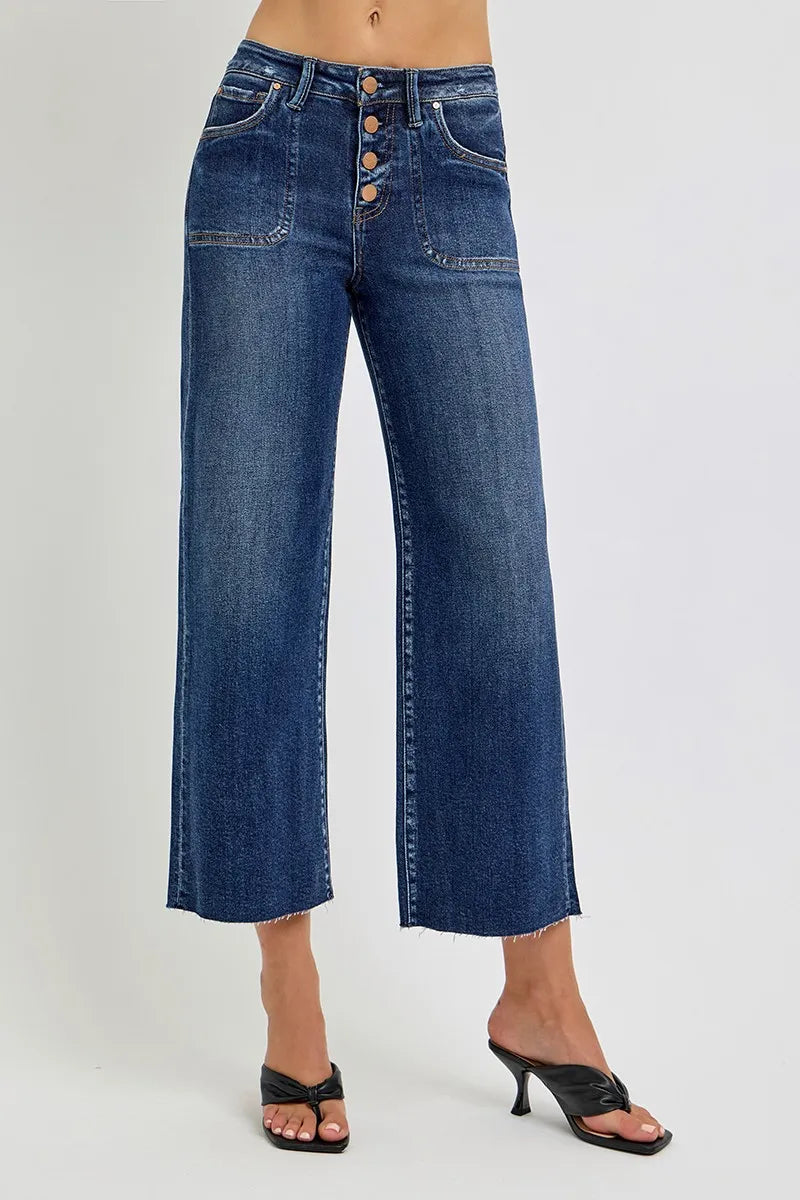 High Rise Wide Button Up Crop Jeans