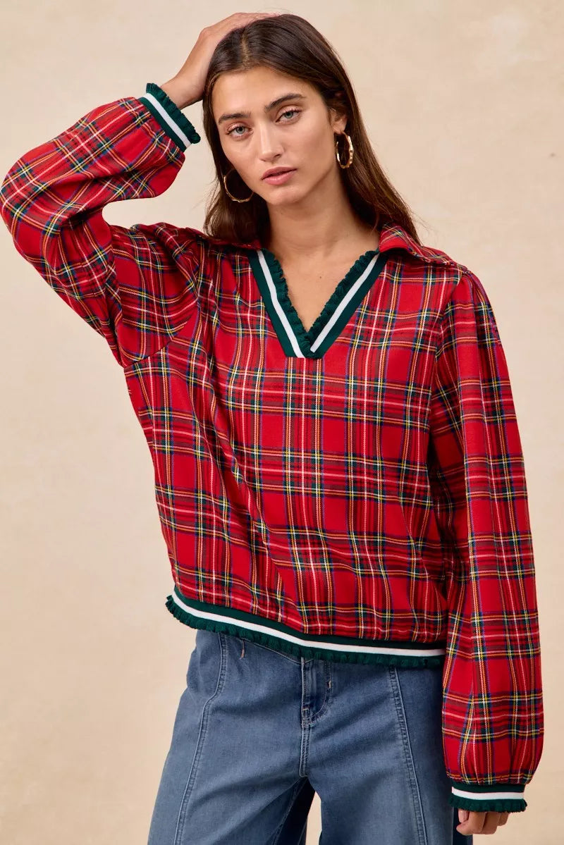 BiBi Christmas Plaid Collared Top with Ruffled Detail