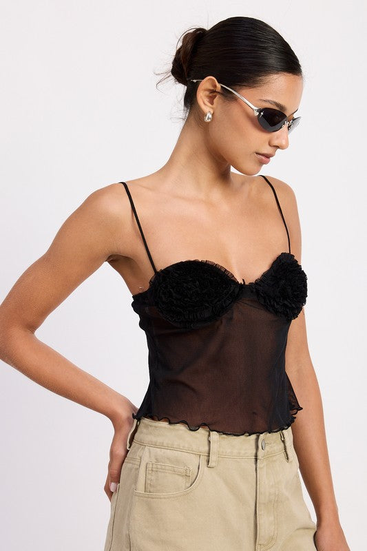 SHEER MESH FLORAL CUP CAMI TOP