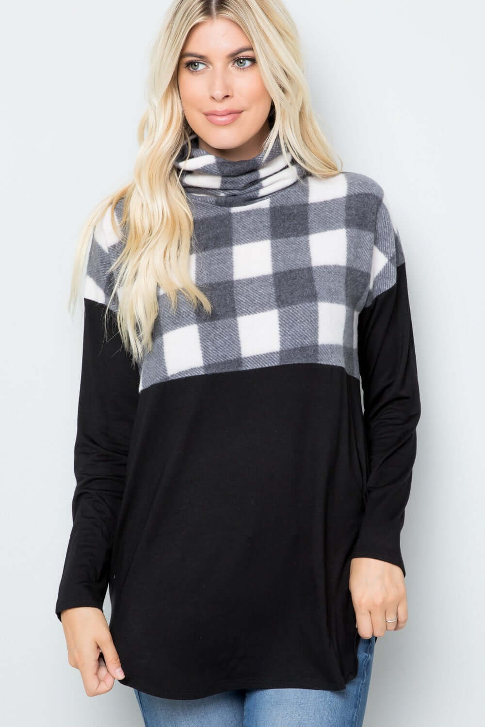 Plaid Turtleneck Long Sleeve Blouse