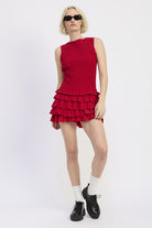 SLEEVELESS SMOCKED MINI DRESS WITH RUFFLE