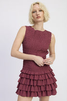 SLEEVELESS SMOCKED MINI DRESS WITH RUFFLE