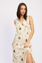 V NECK FLORAL MIDI BIAS DRESS WITH SLIT