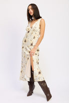V NECK FLORAL MIDI BIAS DRESS WITH SLIT
