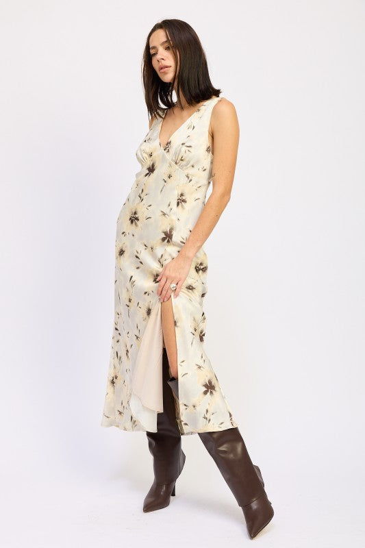 V NECK FLORAL MIDI BIAS DRESS WITH SLIT