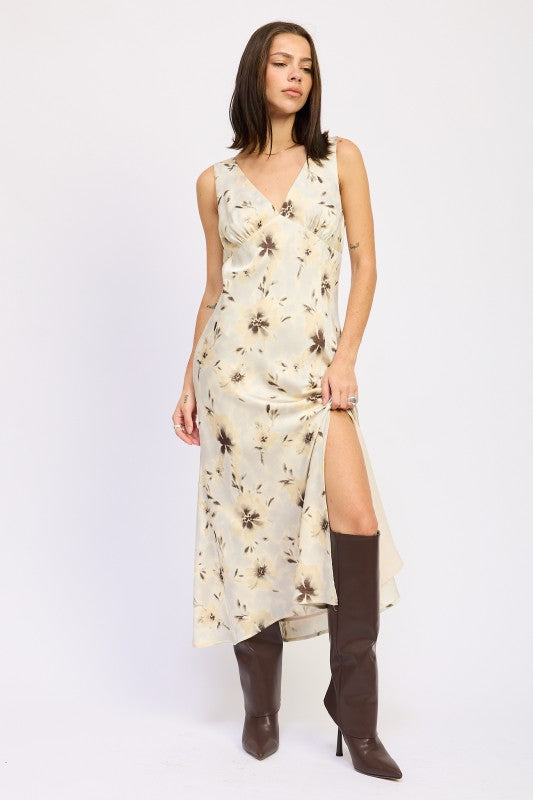 V NECK FLORAL MIDI BIAS DRESS WITH SLIT