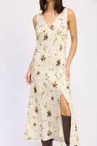 V NECK FLORAL MIDI BIAS DRESS WITH SLIT