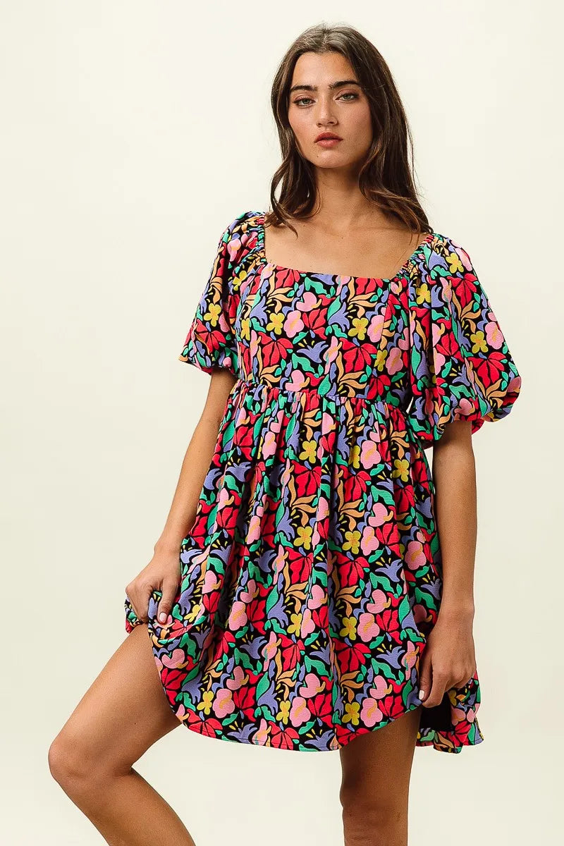 BiBi Floral Print Puff Square Neck Dress