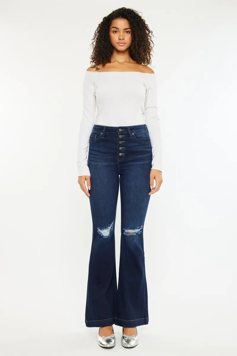 Button Fly High Rise Distressed Flare Jeans