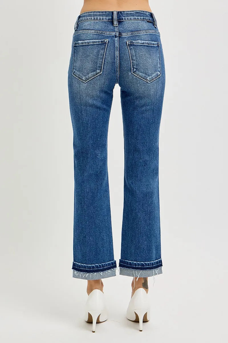 Mid Rise Ankle Straight Cuffed Jeans