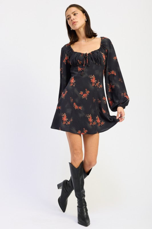 MINI LONG SLEEVE DRESS WITH SQUARE NECKLINE