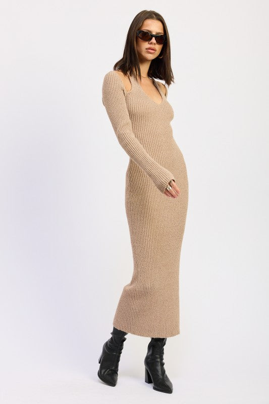 V-Neck Long Sleeve Midi Dress
