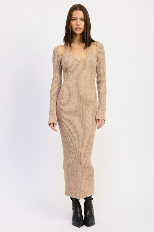 V-Neck Long Sleeve Midi Dress
