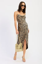 Zebra Print Cowl Neck Midi Dress
