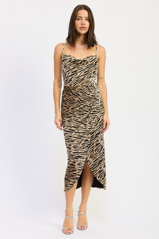 Zebra Print Cowl Neck Midi Dress