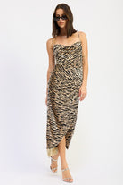 Zebra Print Cowl Neck Midi Dress