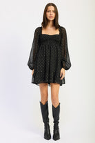 Smocked Long Sleeve Babydoll Mini Dress