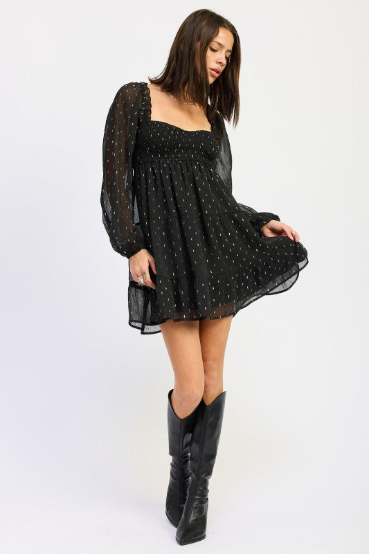 Smocked Long Sleeve Babydoll Mini Dress