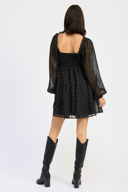 Smocked Long Sleeve Babydoll Mini Dress